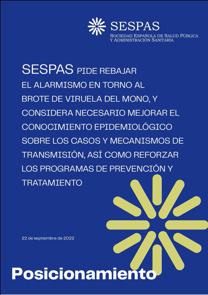 #PosicionamientoSESPAS ante la #VirueladelMono #MPX Pedimos todos los recursos necesarios para afrontar el brote, sin generar alarmas injustificadas en la población y evitando conductas culpabilizadoras Pedimos más capacidades de #SaludPública en España sespas.es/2022/09/22/pos…