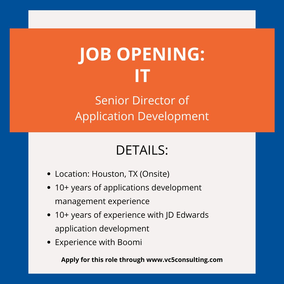 🚨#HOTJOBALERT🚨

Our client is seeking a Senior Director of Application Development to join their team in Houston, TX! See details below: lnkd.in/dBDtVfsS

#development #developerjobs #hiring #hiringtalent #hiringtech #peoplefirst #aimhigher #VC5