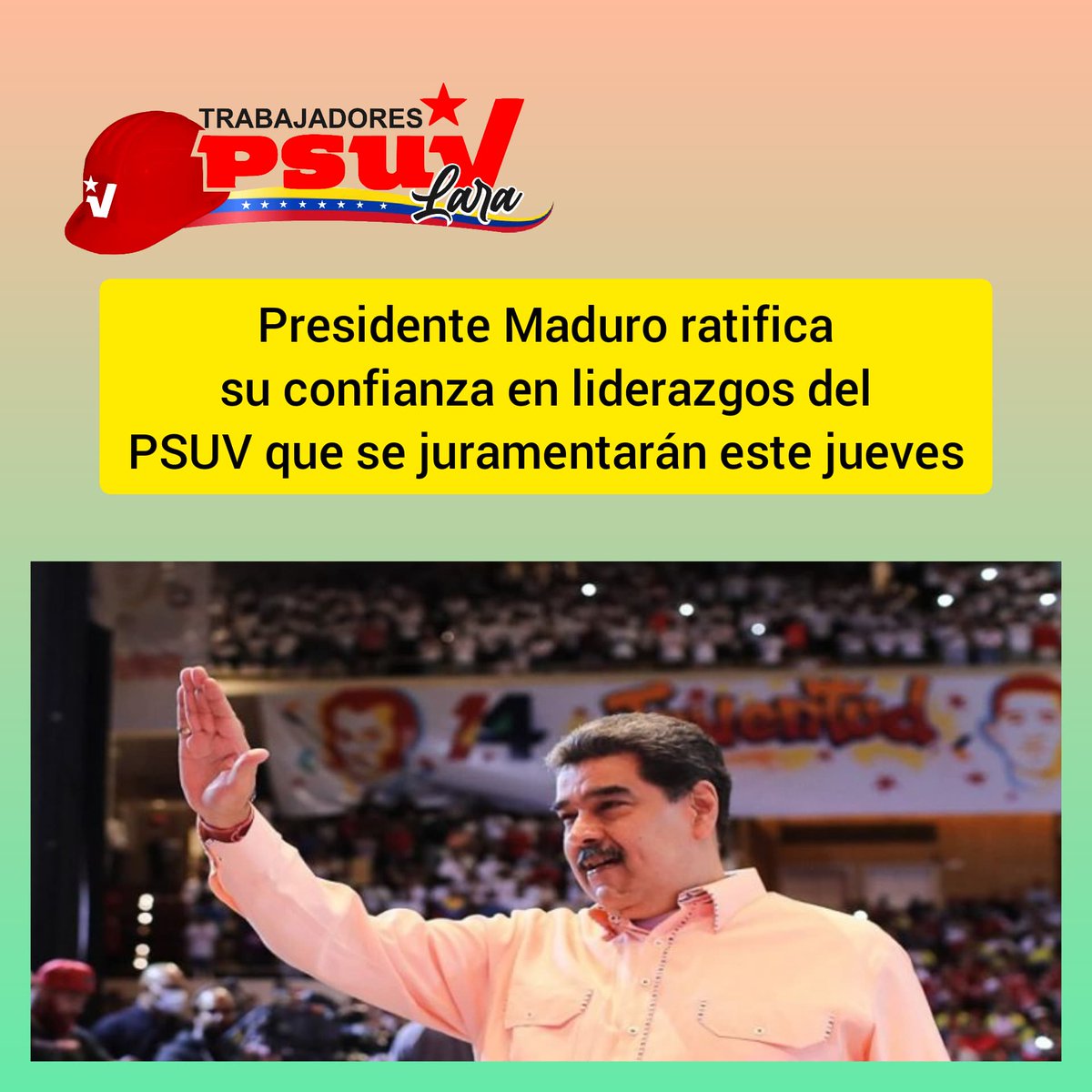 Noti Trabajadores PSUV Lara. #22Septiembre

*Presidente Nicolás Maduro ratifica su confianza en liderazgos del PSUV que se juramentan el día de hoy. 

*Sector campesino de Venezuela cuenta con el apoyo irrestricto del Gobierno Nacional.
#CuidateYRefuerzaTuVacuna <a href="/PartidoPSUV/">PSUV</a>