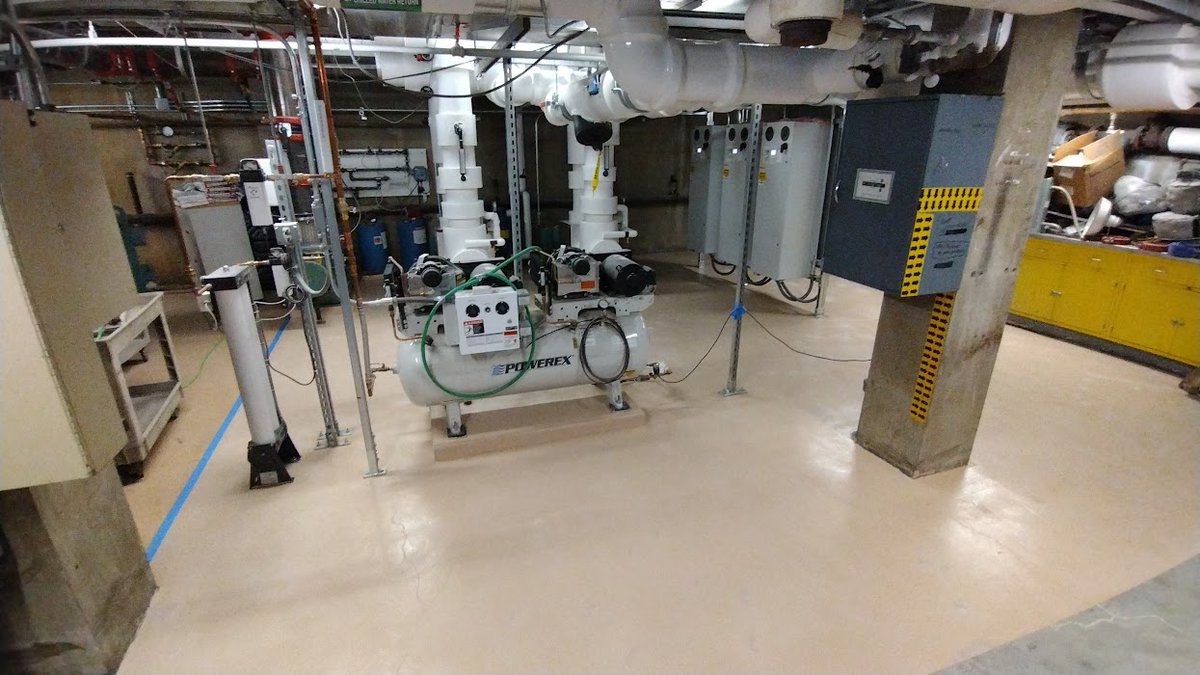 Sharp corners. Around piping. Low ceilings. #Installers working in #basements and #mechanical are accustomed to a tight squeeze. Check out the difference a #resinous coating makes to quickly #repair the #cracks and #stains that can compromise #concrete substrate. #getfloored