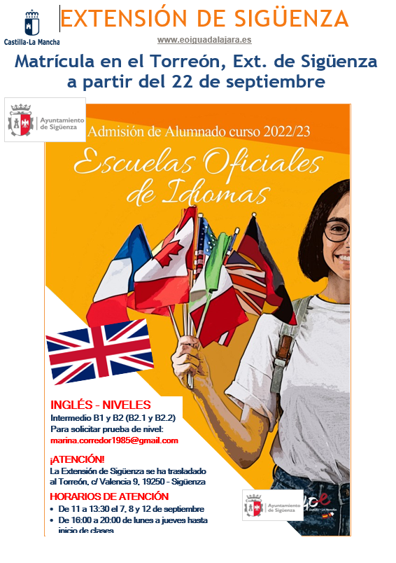 eoiguada's tweet photo. MATRICULACIÓN SIN SOLICITUD A PARTIR DEL 22 SEPTIEMBRE. INGLÉS. EXTENSIÓN DE SIGÜENZA. Opción a prueba de nivel. Para más información: https://t.co/roARtrZ8CY https://t.co/vU1rZwTqjP