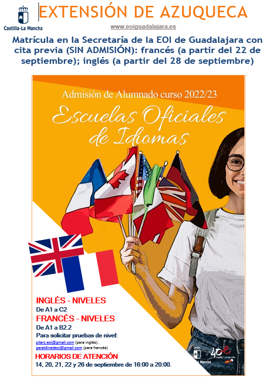 eoiguada's tweet photo. MATRICULACIÓN SIN SOLICITUD A PARTIR DEL 22 SEPTIEMBRE para  FRANCÉS, A PARTIR DEL 28 DE SEPTIEMBRE PARA INGLÉS. EXTENSIÓN DE AZUQUECA DE HENARES. Opción a prueba de nivel. Para más información: https://t.co/aCcinFCUFe https://t.co/dh2RE0z4S9