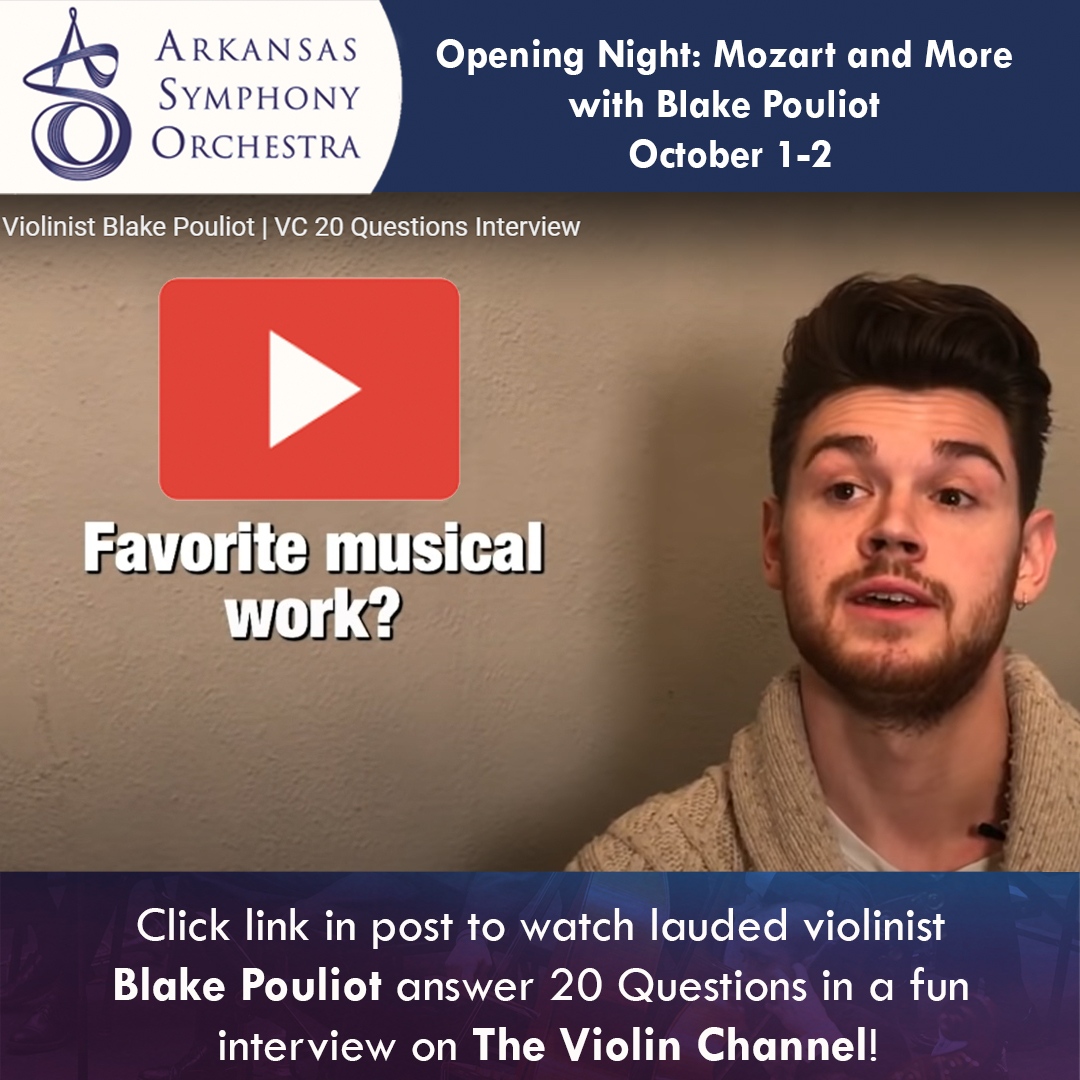 Lauded violinist, Blake Pouliot, answers 20 Questions in a brief but fun Violin Channel interview! Watch: youtube.com/watch?v=buXFVA…
See Blake perform exquisitely with your ASO at Opening Night: Mozart and More with Blake Pouliot, October 1-2! 
arkansassymphony.org/opening-night-…