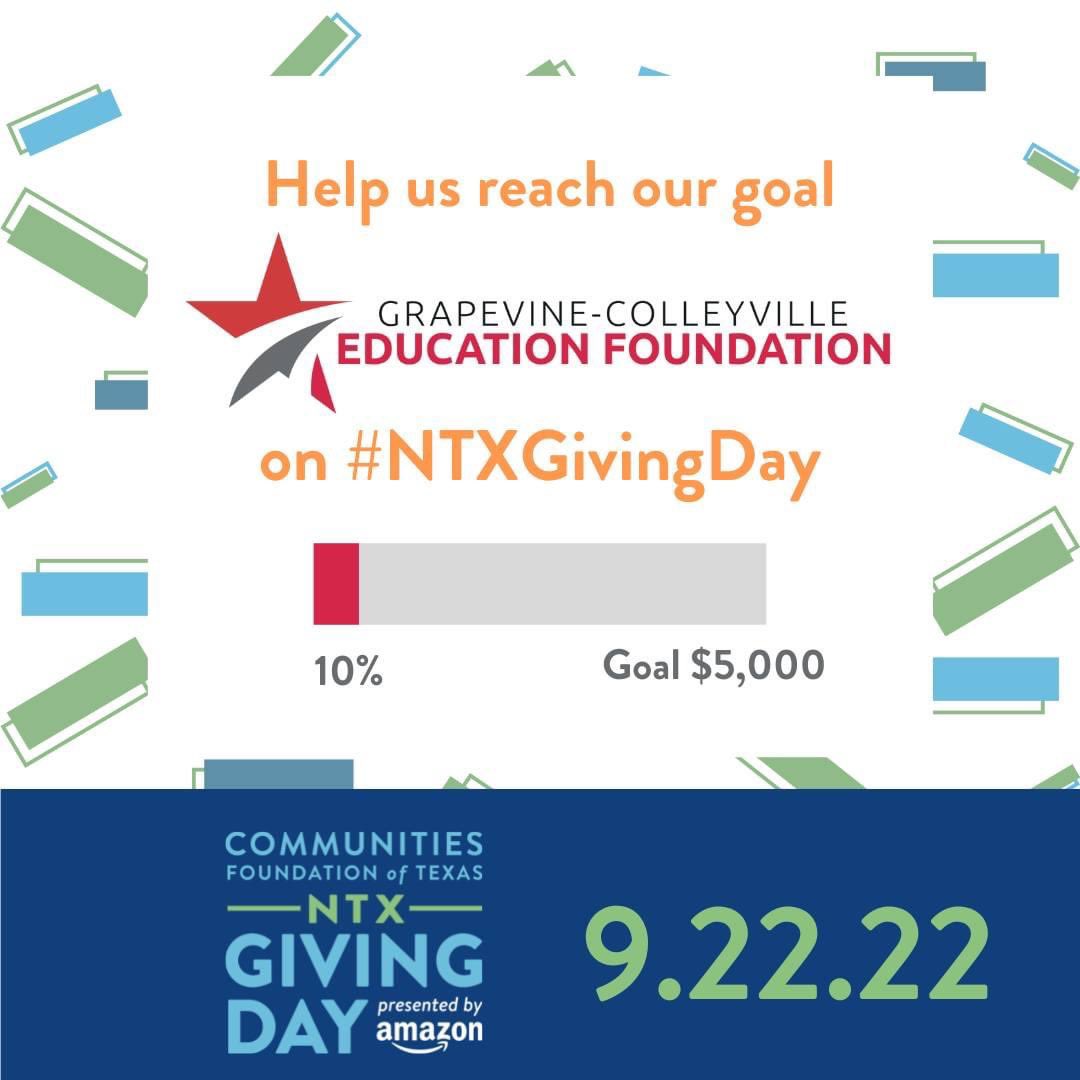 Today is <a href="/NTxGivingDay/">North Texas Giving Day</a>!

Every dollar donated stays within our <a href="/GCISD/">Grapevine-Colleyville ISD</a> school district to enrich the educational experiences of our children.

We are 10% to our GOAL!  Help us reach $5,000!  Donate Now: 
 northtexasgivingday.org/organization/G…

#ntxgivingday2022
#GiveWithPurpose
#GCISD