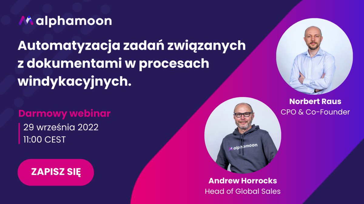 Temat: Automatyzacja procesowania dokumentów w windykacji - anonimizacja danych, ekstrakcja danych, dzielenie stron w PDF-ach 🔍
Format: Webinar 💻
Organizator: Alphamoon
Data: 29.09, godz. 11:00
Zapisz się: 
👉 alphamoon.clickmeeting.com/debt-collectio…