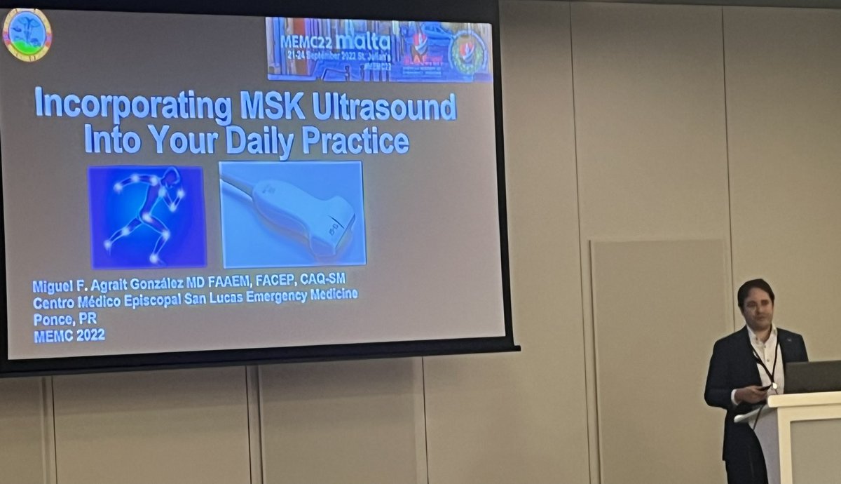 em_cmesl's tweet photo. Dr. Miguel Agrait presenting at the Breve Dulce (Varied Topics) section: Incorporating MSK Ultrasound into your daily practice. #MEMC22 #aaem #ponceem #EmergencyMedicine #AEMUS #MSKultrasound @cmesanlucas @aaeminfo https://t.co/5XAiRPgSOr