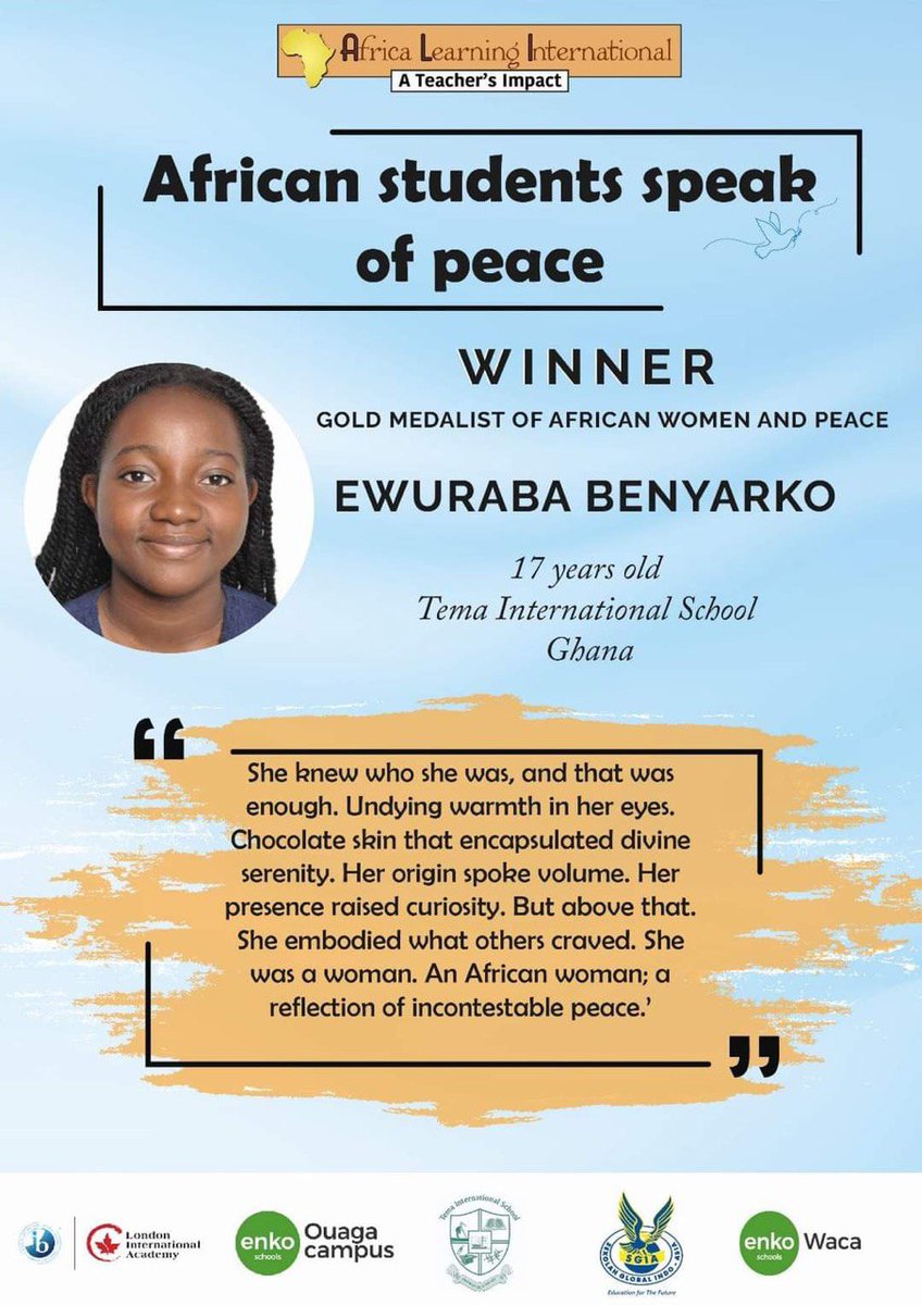 TIS_Ghana's tweet photo. Peace talks and Africa Learning International invited African international schools around the globe to share their thoughts on world peace in the "Peace, you have my word" contest. Out of the 60 students who contested, Ewurabena Benyarko (Grade 12), emerged as the winner. https://t.co/kVo950wk0K
