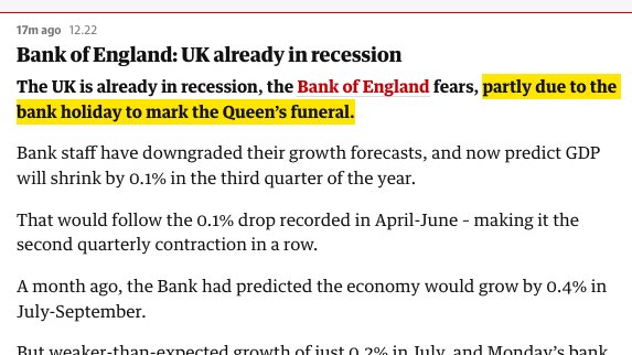 PhilipProudfoot's tweet photo. The Queen's funeral has tipped the UK into recession. It's what she would have wanted. https://t.co/rurptdqEVX