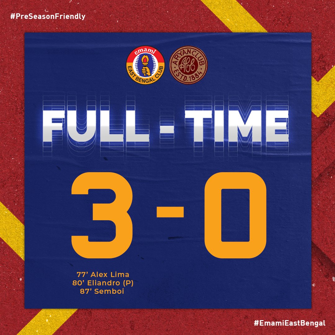 eastbengal_fc's tweet photo. BACK-TO-BACK 3-0 WINS! 💥

After beating George Telegraph last Sunday, we replicate the same scoreline in a friendly against our neighbors Aryan FC with goals from Alex Lima, Eliandro and Semboi Haokip! 🤩 🔴🟡 🔥

#JoyEastBengal #EmamiEastBengal #IndianFootball https://t.co/o62GUPS1v3