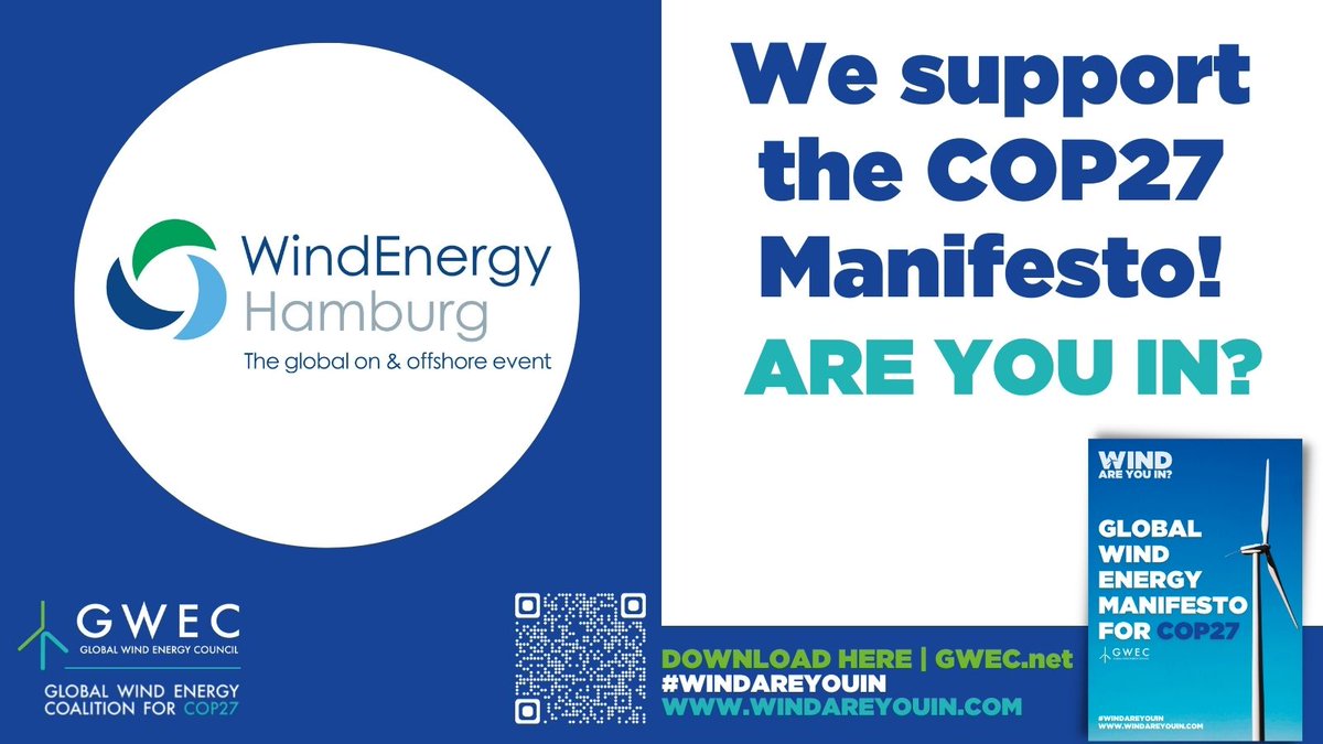 🌬️ Over 100 leading #windpower corporations and associations, have gathered to review and endorse @GWECCGLobalWind’s #COP27 manifesto, to raise ambition and remove barriers in order to scale-up wind to reach #netzero targets. Are you in? #WindAreYouIn ➡️ gwec.net/gwecs-cop27-ma…