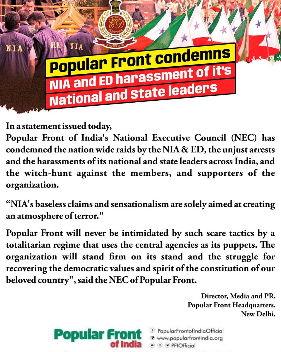 PFI_MP's tweet photo. Popular Front Condemns #NIA and #Ed harassment of it's National and State leaders
#BJP_Vendetta_Exposed https://t.co/EfFeCc2DZA