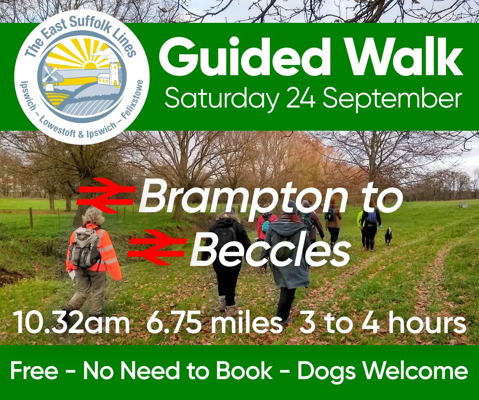 Our next free station-to-station walk is this Saturday 24/9 from <a href="/greateranglia/">Greater Anglia</a> Brampton to #Beccles. 10.32am. 6.75 miles. 3 to 4 hours. No need to book, just show up. Dogs welcome. Free 60 page companion booklet.
eastsuffolklines.co.uk/guided-walks
#DaysOutbyTrain