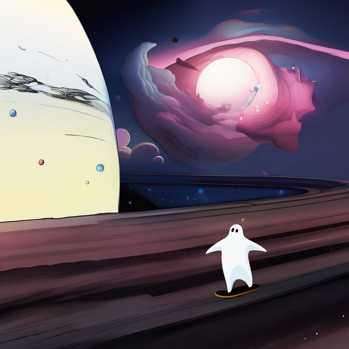 Really enjoying exploring the universe(s) of #stablediffusion and bringing weird ideas to life - phantom space skating 🛹👻!
