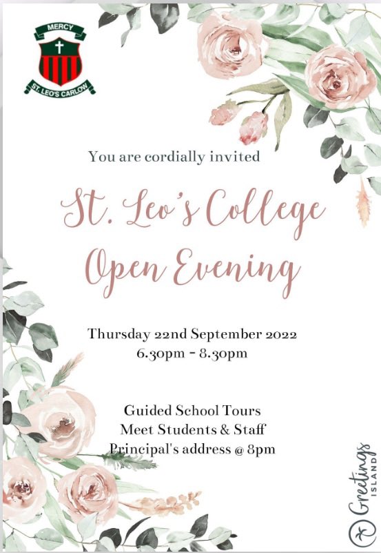 stleoscarlow's tweet photo. The rain won’t dampen the excitement we’re feeling as we look forward to meeting 5th &amp; 6th class girls this evening to show you around! @ceist1 @bennekerryns @TinrylandNS @StFiaccs @smgscarlow @AskeaGirls @EoghainUi https://t.co/f5VkHO7wqd
