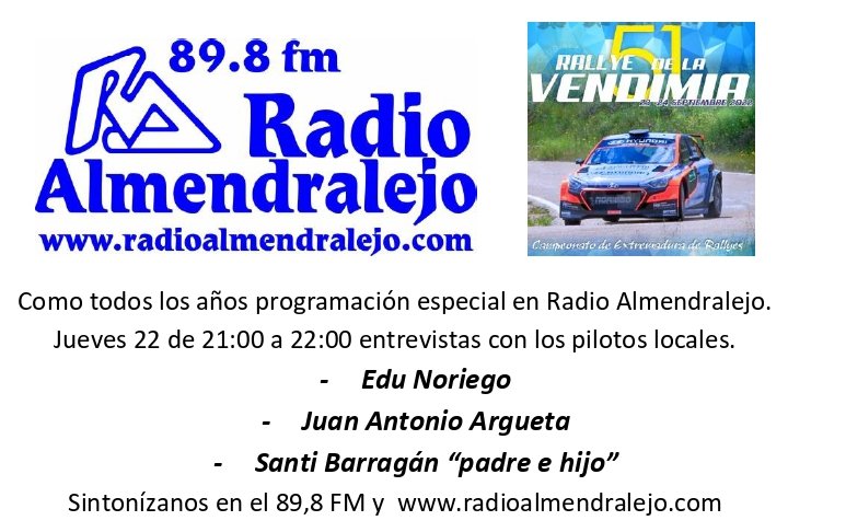 Josema898's tweet photo. Como todos los años programación especial del Rallye de la Vendimia. Hoy miércoles 21 de 21:00 a 22:00 entrevistas con los pilotos locales @Edu_Noriego,@argueta86_ja, Santi Barrragan "padre e hijo". 89,8 FM y radio on line https://t.co/51eAX2xeEJ
@MIGUELBELTRAN71 https://t.co/Gbp1e586xV