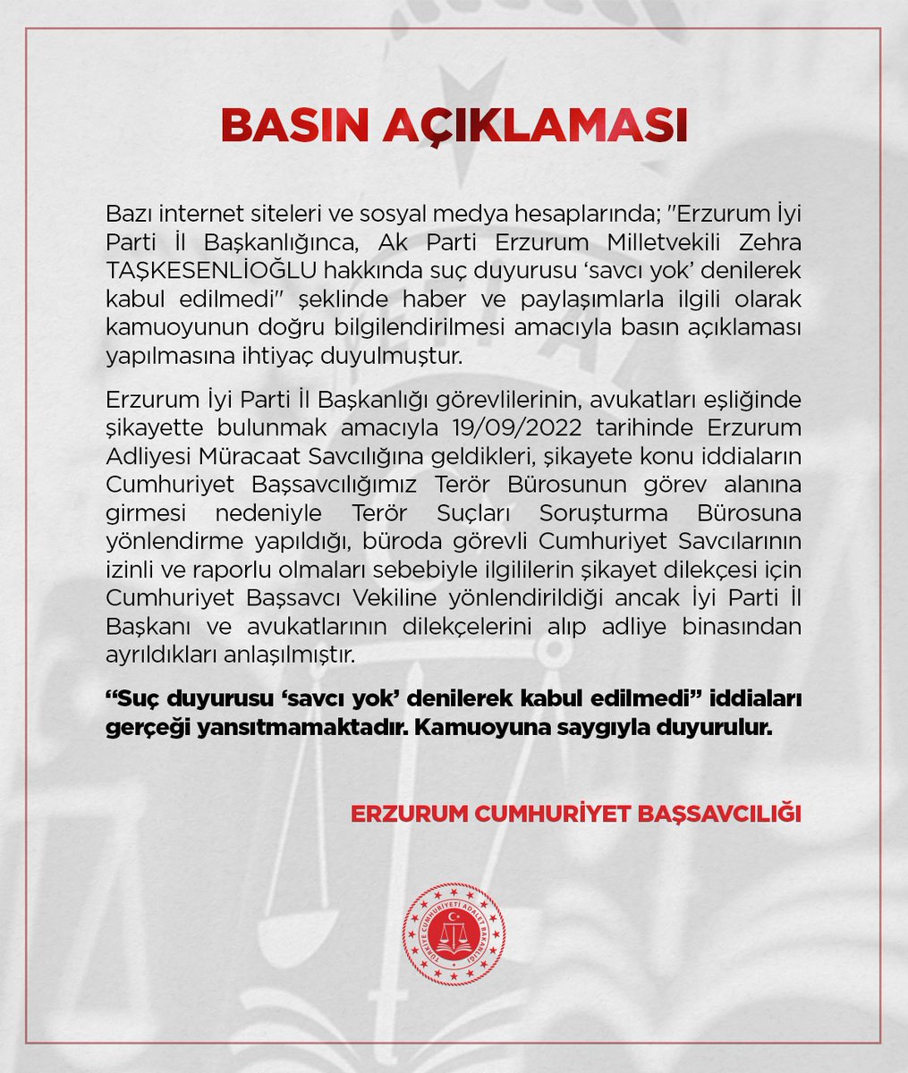 Bazı basın organlarında "Suç duyurusu 'savcı yok' denilerek kabul edilmedi" şeklindeki haberlere ilişkin Erzurum Cumhuriyet Başsavcılığı'nın basın açıklaması⤵️ 

erzurum.adalet.gov.tr/basin-aciklama…