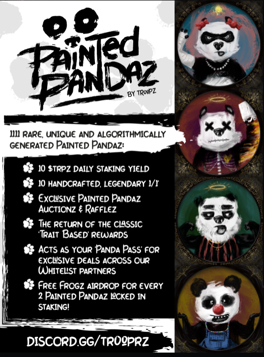 CronosRocksNFT's tweet photo. 🐼GIVEAWAY🐼

To celebrate the Painted Pandaz mint on Monday 26th September we have teamed up with @trooprzarmy to giveaway🥳

- 10 x WL spots
- 1 x 200 $TRPZ

🪨➕🔫

24 ⏰

#CRO #CRONOSnft #CROfam https://t.co/evRzCOWMUv
