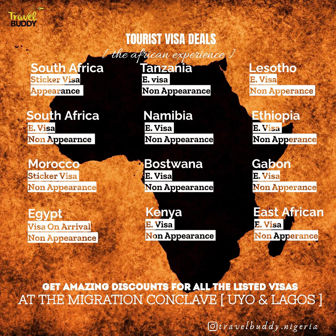 travelbuddy_ng's tweet photo. Ever wanted to visit AFRICA!
Let’s help you obtain the necessary VISA.
Discounts for VISAS paid for at the CONCLAVE.
#travelbuddyng #travelbuddynaija
#abujawedding #africandance #arewa #bellanaija #chefchi #clothing #davido #dontrushchallenge #ghana #lagos https://t.co/S0Q35PdcZS