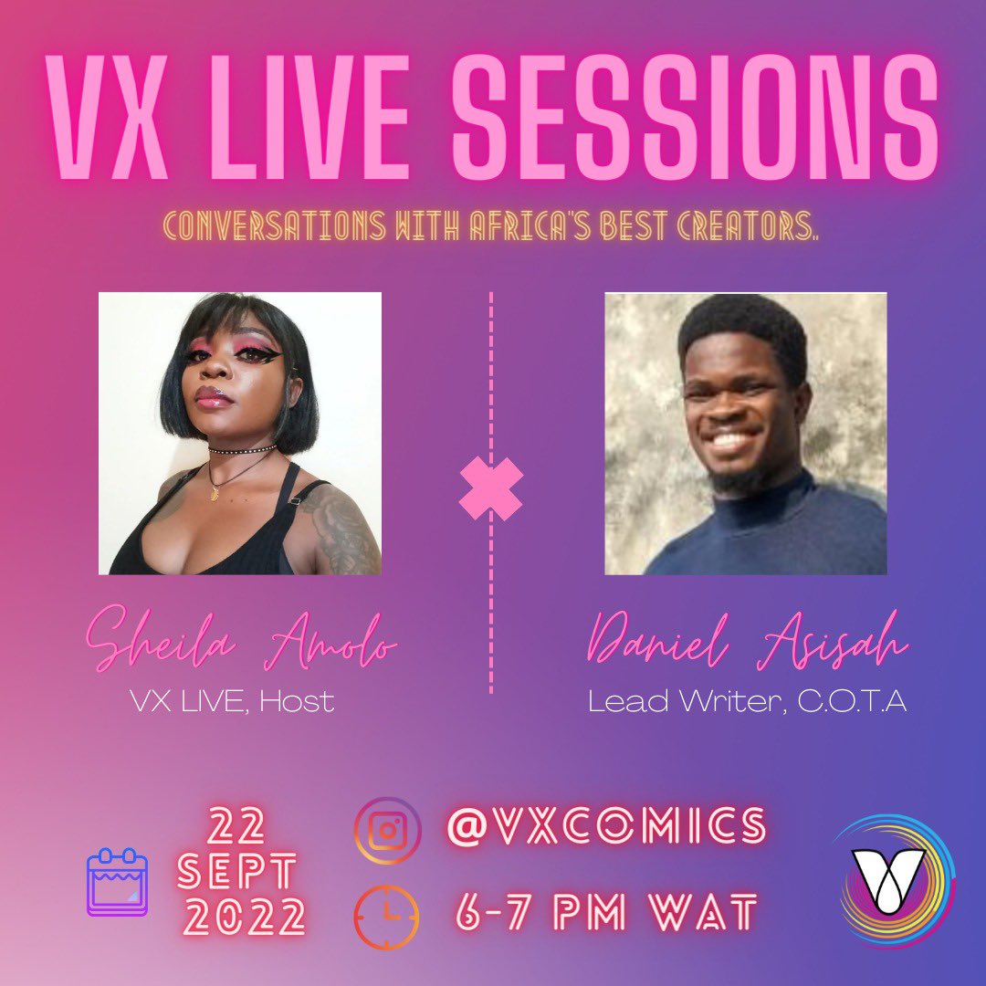 vxcomics's tweet photo. VX LIVE and chill and the writer of Children Of The Arch Daniel Asisah discusses with our fave cosplayer @_sixtailedfox by 6pm Nigerian time the new exciting world of COTA.

Join the conversation to win free signed copy!  ☄️🔥

But chapter 1-3 of COTA @ComicConAfrica 

#Comics https://t.co/V8PlvNYzsq