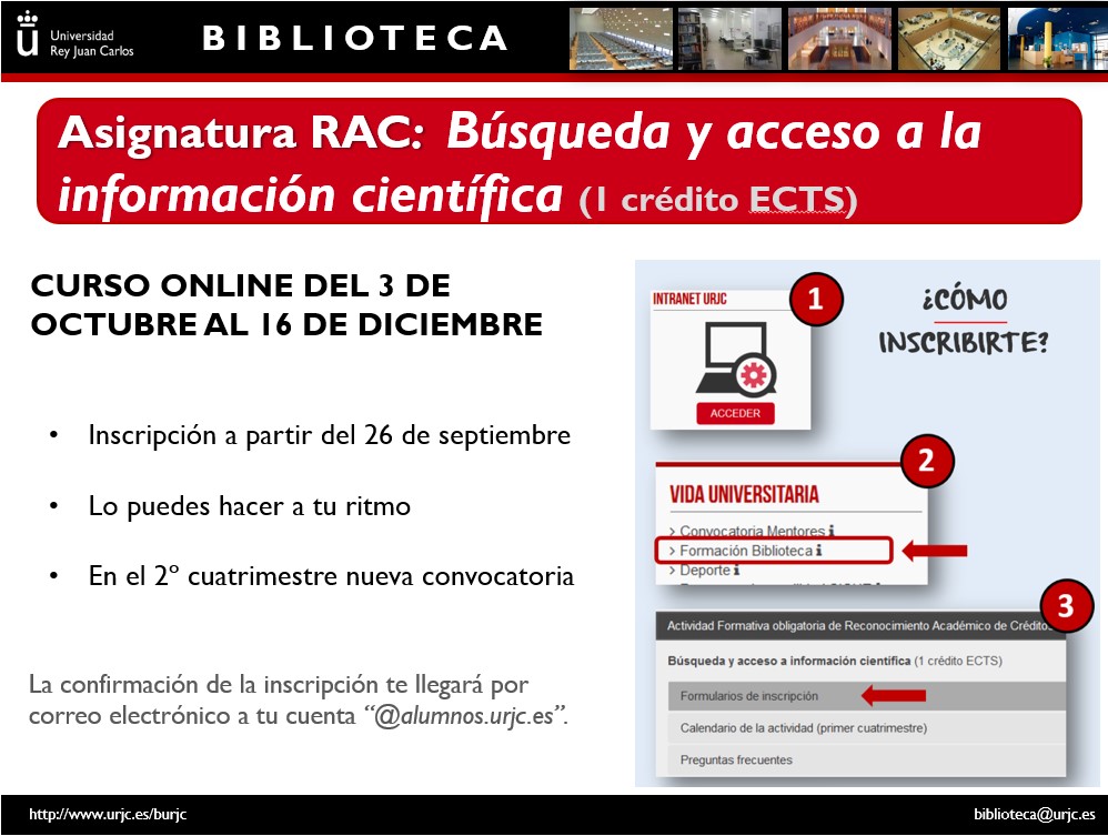 A partir del 26 de septiembre podéis inscribiros al curso "Búsqueda y acceso a la información científica" (1 crédito ECTS). No esperes a estar en 4º... ¡apúntate ahora y descubre todo lo que tu biblioteca te puede ofrecer!