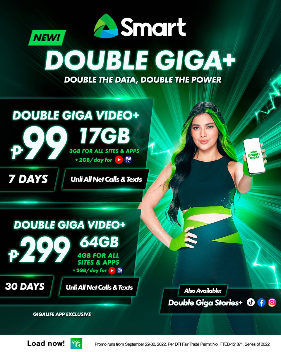 LiveSmart's tweet photo. Double the Data, Double the Power with Smart Double Giga Video+!
For as low as P99, get double the data with 17GB, 3GB for all sites and apps and 2GB per day for Youtube and TFC, plus UNLI calls and texts to all!
Load now: https://t.co/BgjdbxhgeN
#SmartDoubleGigaPlus https://t.co/O1Q1jKNzEE