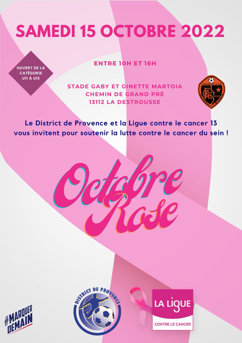 [ᴏᴄᴛᴏʙʀᴇ ʀᴏsᴇ]

Cette année le District de Provence renouvelle son opération #OctobreRose en collaboration avec la <a href="/ligue13/">liguecontrelecancer13</a>. 🎀

Durant cette journée, les filles licenciées de la catégorie U11 à U13 pourront jouer ensemble pour soutenir la lutte contre le cancer du sein.💓