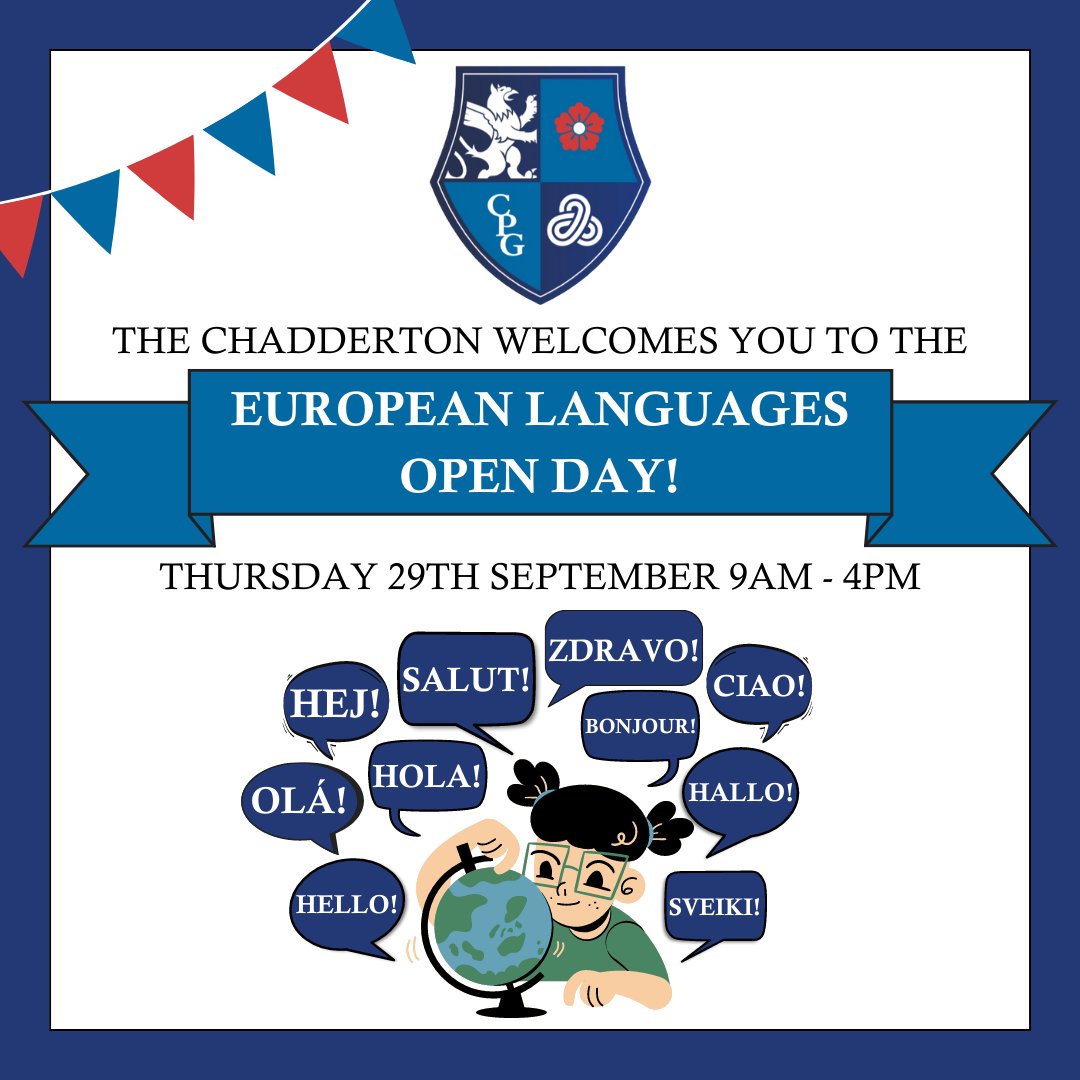TheChadderton's tweet photo. You're invited to our European Languages #OpenDay on Thursday 29th September from 9am-4pm! 🌟

Tour our school, hear from our Headmistress and discover #TheChadderton

Register your interest here: https://t.co/UDapwXDsad or call us on 01616 206570

@Oldham_Hour

 #joinus #oldham https://t.co/UIMo9a1Jul