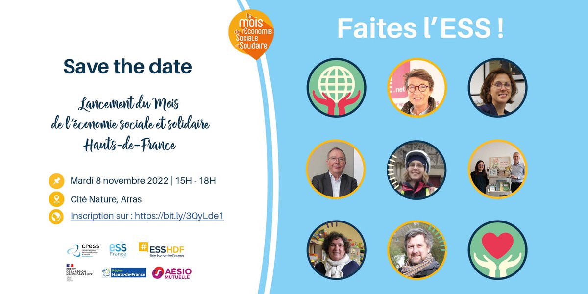 🚀FAITES L'ESS ! Le grand RDV des acteurs de l'économie sociale et solidaire en Hauts-de-France revient📆le 8/11 de 15h à 18h à Cité Nature #Arras dans le cadre du lancement <a href="/mois_ESS/">Mois de l'ESS</a> !
✍️Inscription: bit.ly/3QyLde1
Avec <a href="/CressHdf/">CressHDF</a> <a href="/prefet59/">Préfecture de la région Hauts-de-France et du Nord</a> <a href="/hautsdefrance/">Région Hauts-de-France</a> <a href="/AesioMutuelle/">AÉSIO mutuelle</a>