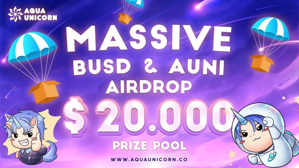 💵 Airdrop is live!! Participate in our Airdrop and Get 40,000 AUNI (~$10) tokens for doing tasks. Details: t.me/AquaUnicornAir… Airdrop rewards will be distributed to your wallet address after TGE and 2,000 lucky random participants will be rewarded.