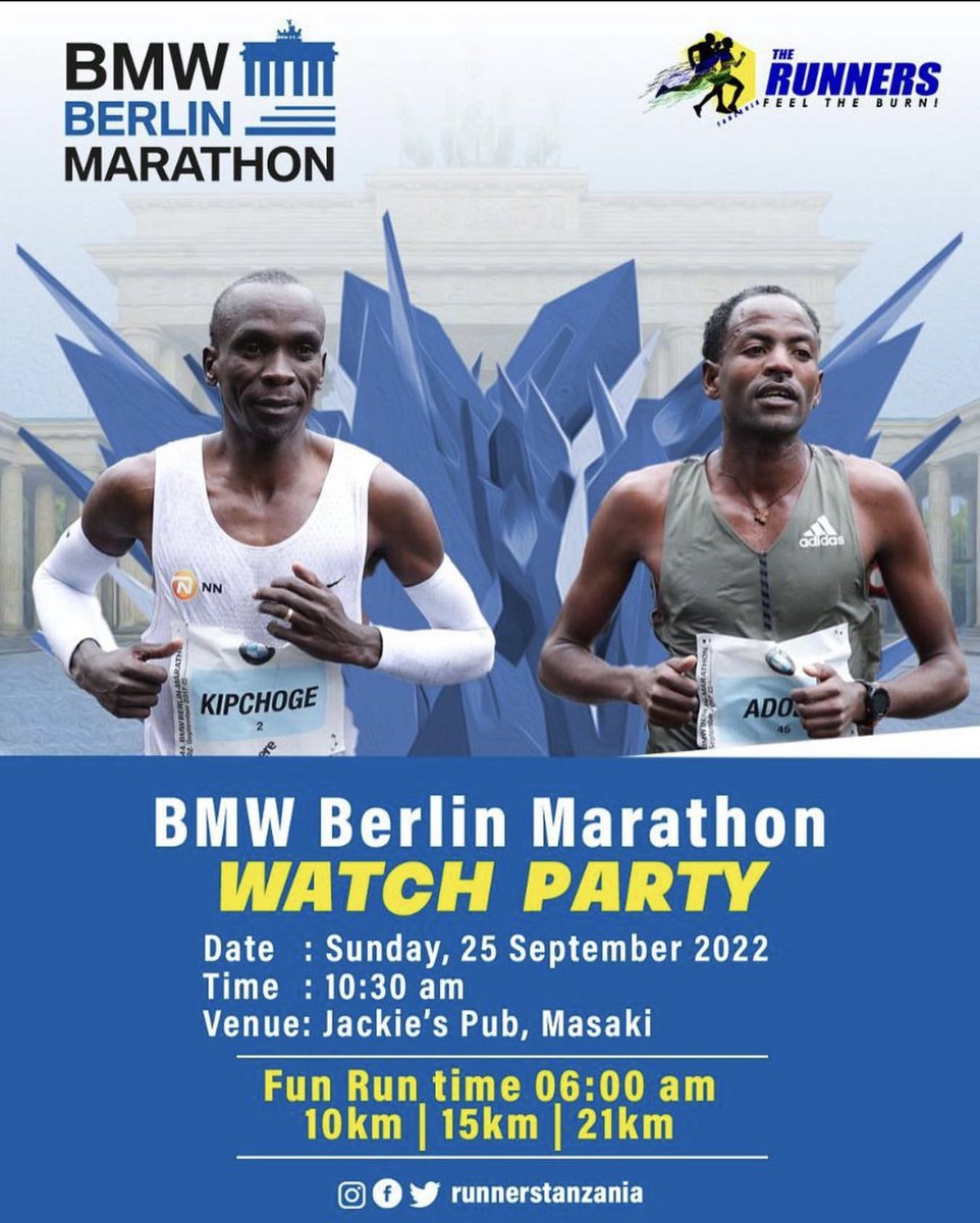 RunnersTanzania's tweet photo. We’re very proud to announce that Club will be represented by 8 members who will participate in the @berlinmarathon 2022 this Sunday September 25, which will take place on the streets of the German capital. The BMW BERLIN-MARATHON is one of the most prestigious running event https://t.co/jlFhEL2q9d