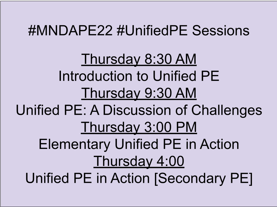 One week from today is the 2022 MNDAPE Conference at Camp Friendship in Annandale, MN.
If you want to learn more about #UnifiedPE here are some of the sessions you could attend.
#MNDAPE22 #AdaptedPE
Register and Schedule at:
mndape.org