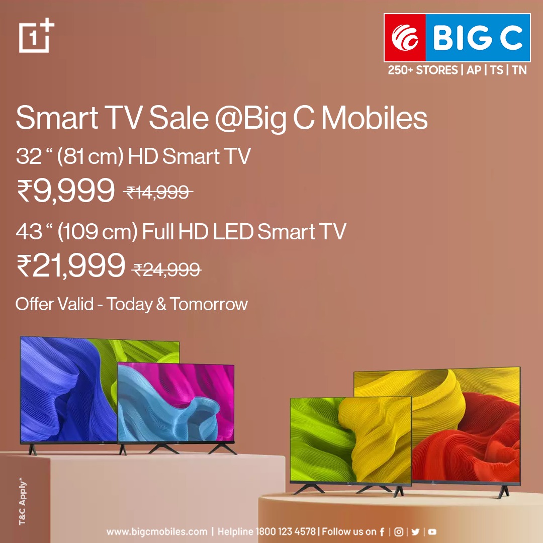 BigCMobilesIND's tweet photo. Big C Price Drop Alert⚠️!!
Buy Now One Plus Tv's at Attractive Prices from your Nearest Big C Stores
⌛Offer Valid- Today &amp; Tomorrow
#oneplus #oneplustv #oneplussmarttv #BigCMobiles #ThinkBigThinkBigC #BigCstore #mobilestore #SmartTV #90mintsdelivery #pricedrop #limitedtimeperiod https://t.co/XljeqPdU2x