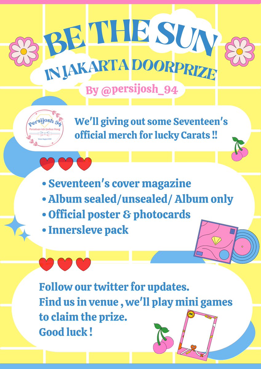 persijosh_94's tweet photo. ☀️ BE THE SUN IN JAKARTA ☀️
FAN SUPPORT and DOORPRIZE
By @persijosh_94

📍 ICE BSD, Tangerang
📅 24 &amp; 25 September 2022
⏰ TBA

Only for 100 lucky carat (teh poci)
Limited doorprize!
Firts come, first get

Detail on pict 👇🏻

See u Carats! 
#BeTheSuninJakarta #BeTSinJakarta https://t.co/wUuqIh4igv