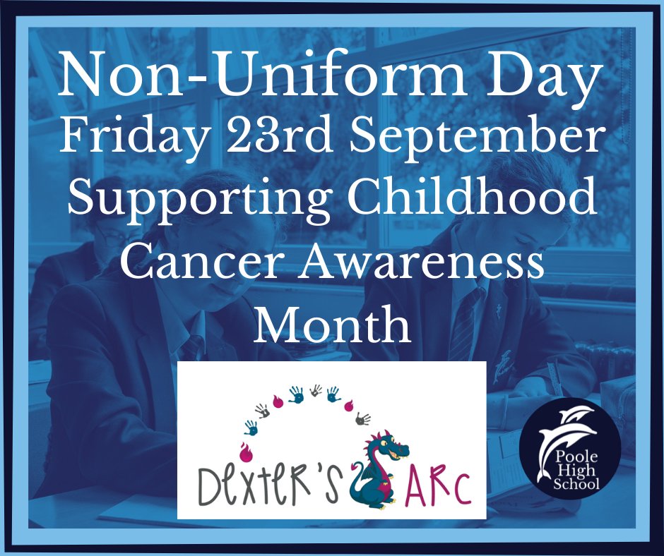 poole_high's tweet photo. Tomorrow Poole High will be holding a non-uniform day to raise support for @AlicesArc, a charity which funds innovative research in to finding a cure and less harsh treatments for childhood cancer.
There is a £1 suggested donation for your child to wear non-uniform for the day. https://t.co/UQR2IuIGaF
