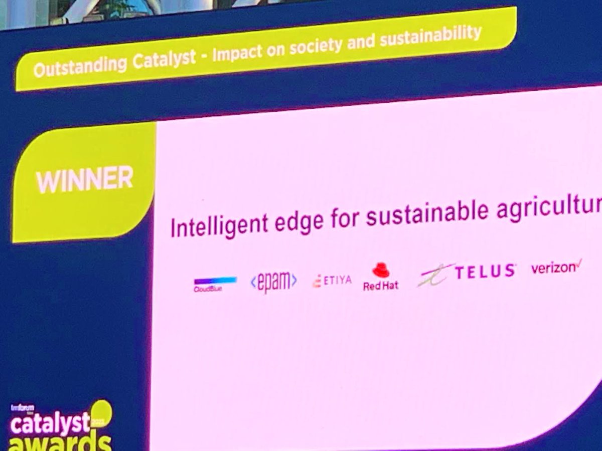 RedHatTelco's tweet photo. Humble to accept the #TMFDigital Catalyst Award - Impact on society and #sustainability for the intelligent #edge for sustainable agriculture project. Big thanks to everyone involved @TELUS, @Verizon, @cloudblue, @etiya, @EPAMSYSTEMS. We are so proud of our @redhat team! #ESG https://t.co/GFvQTiXJM9