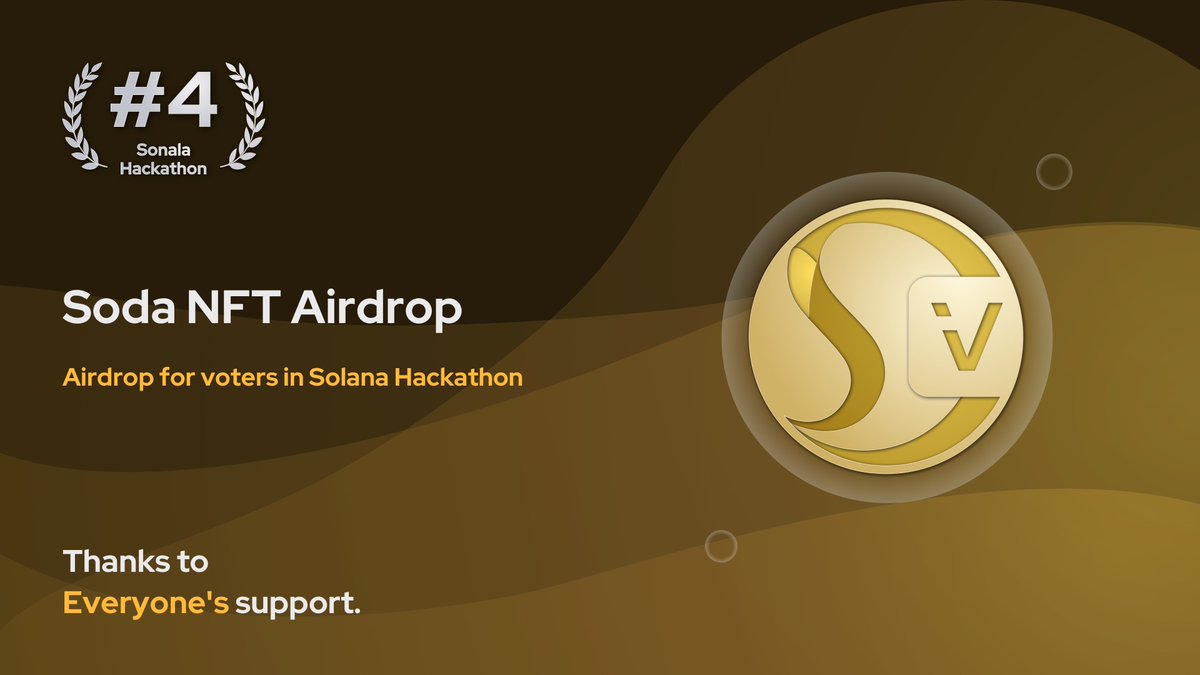 Soda Protocol has achieved a great result in the Solana Hackathon #SolanaSummerCamp, placing 4th out of 116 teams, thanks to everyone's support. 

In order to show gratitude for your support, Soda Protocol has a surprise airdrop for users who voted for us. (1/2)