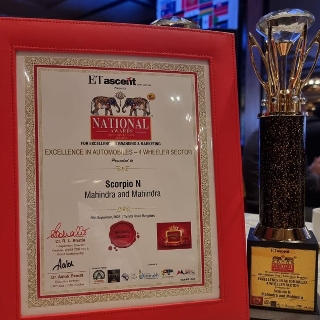 MahindraScorpio's tweet photo. The first three of many more to come. The All-New Scorpio-N brings home the ETascent National Awards for Excellence in Automobiles.

#ScorpioN #ETascent https://t.co/lZGRU9f6TL