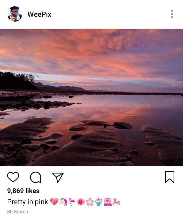 John's IG: image of a pink and purple sunset over the water.
Caption: pretty in pink 💖🦄🦩🌺🌸🍨🏩🎠