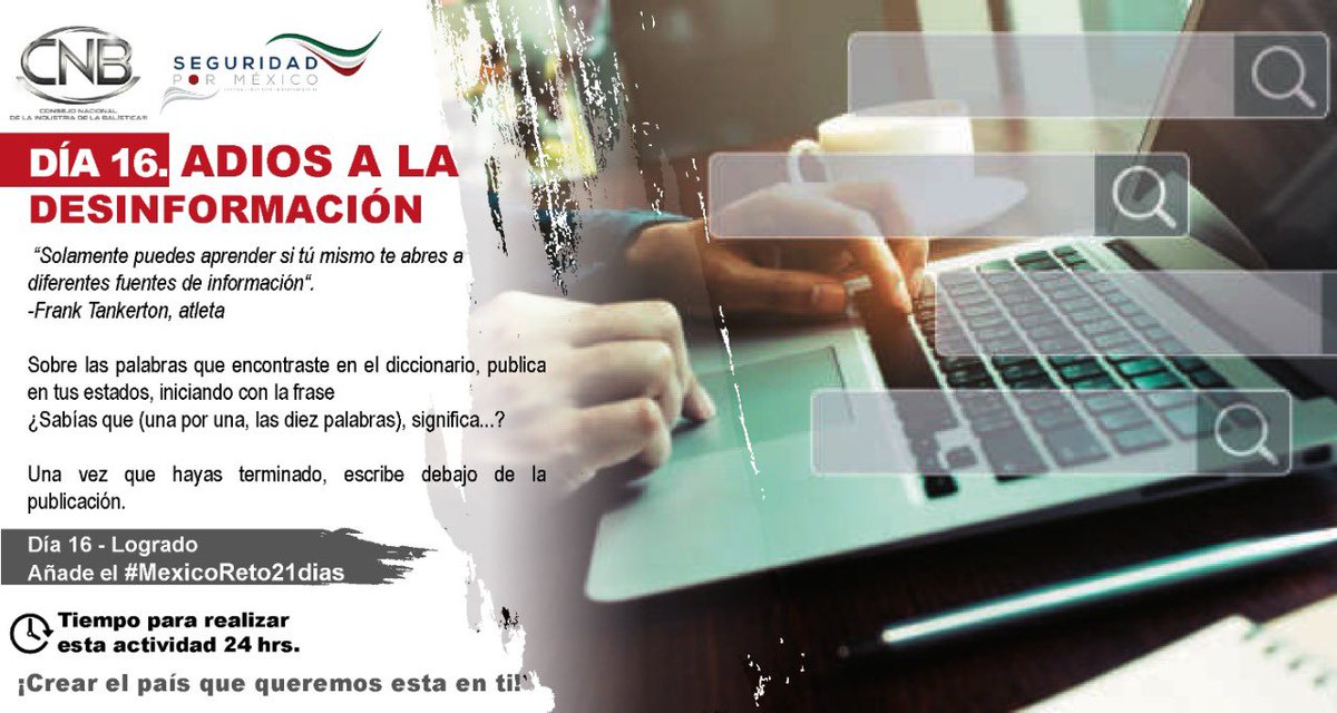 Segpormexico's tweet photo. Bienvenid@s al reto 16 de Cultura de la legalidad: trabajar con las palabras que del diccionario hemos elegido, y, auxiliados por ellas, combatir la desinformación.

@ConsejoNacionaldelaIndustriadelaBalisticaAC 
#MexicoReto21dias

#TransformandoLaIndustriaDelBlindaje https://t.co/vjllzZr3lI