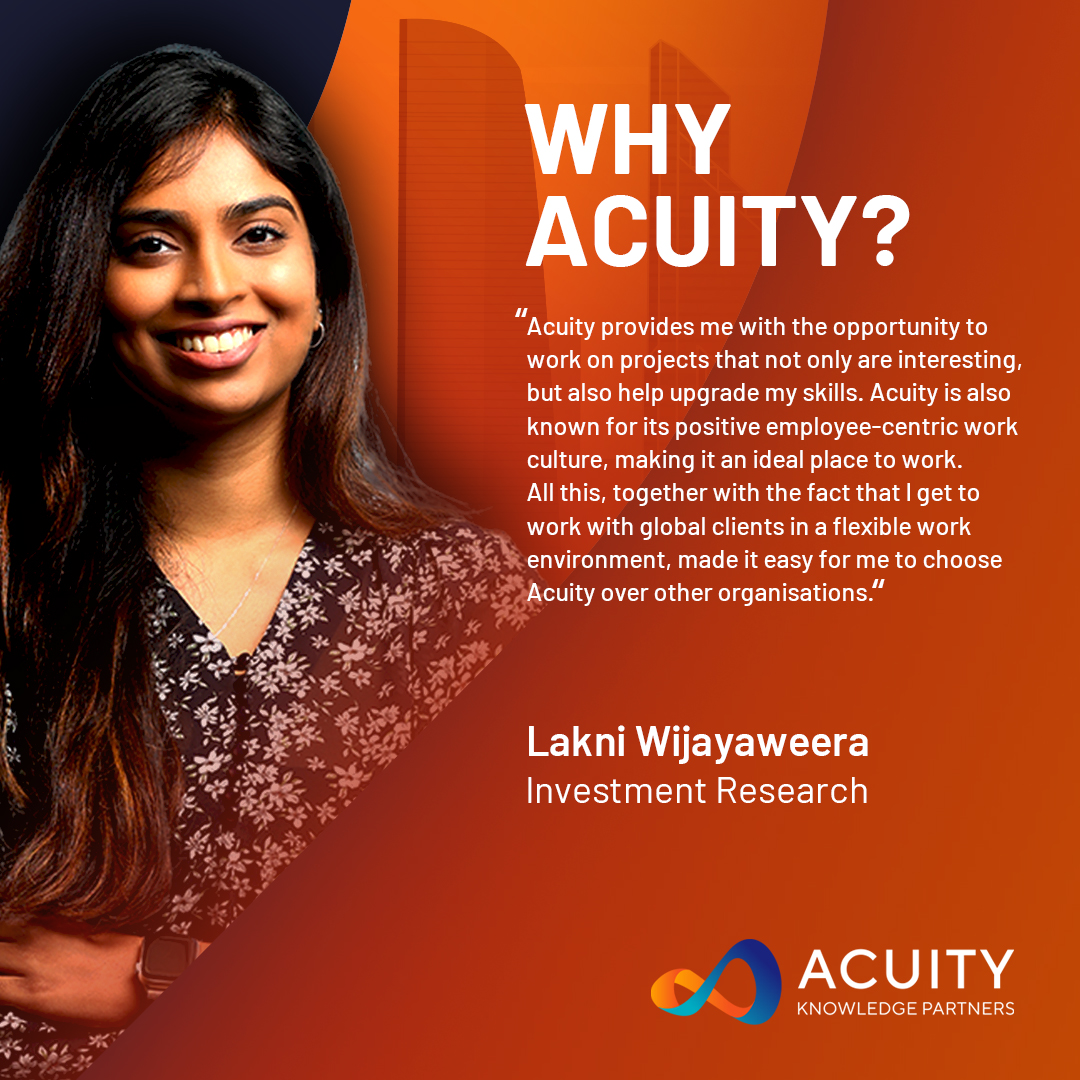 AcuityAnalytic's tweet photo. We achieve our best results when we work #together!
Hear from Lakni Wijayaweera, from our Investment Research team.
Visit- https://t.co/2ArrTD7y37
.
.
.
#Investmentreserch #employeetestimonial #Research #profilefeature #acuityknowledgepartners #Acuitycareers #whyacuity https://t.co/CCl1Gcx92Z