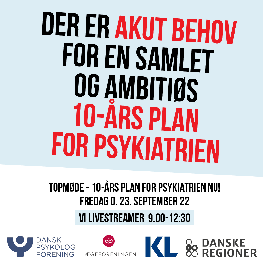 regionerne's tweet photo. STREAM ’TOPMØDE - 10-ÅRS PLAN FOR PSYKIATRIEN NU' Fredag sætter Danske Regioner, KL, Lægeforeningen og Dansk Psykologforening fokus på de store udfordringer i psykiatrien, som brugere og medarbejdere møder. Se med fra kl. 09 på https://t.co/2UXLLAjpgT #sundpol #dkpol https://t.co/7oZEUDkkpv
