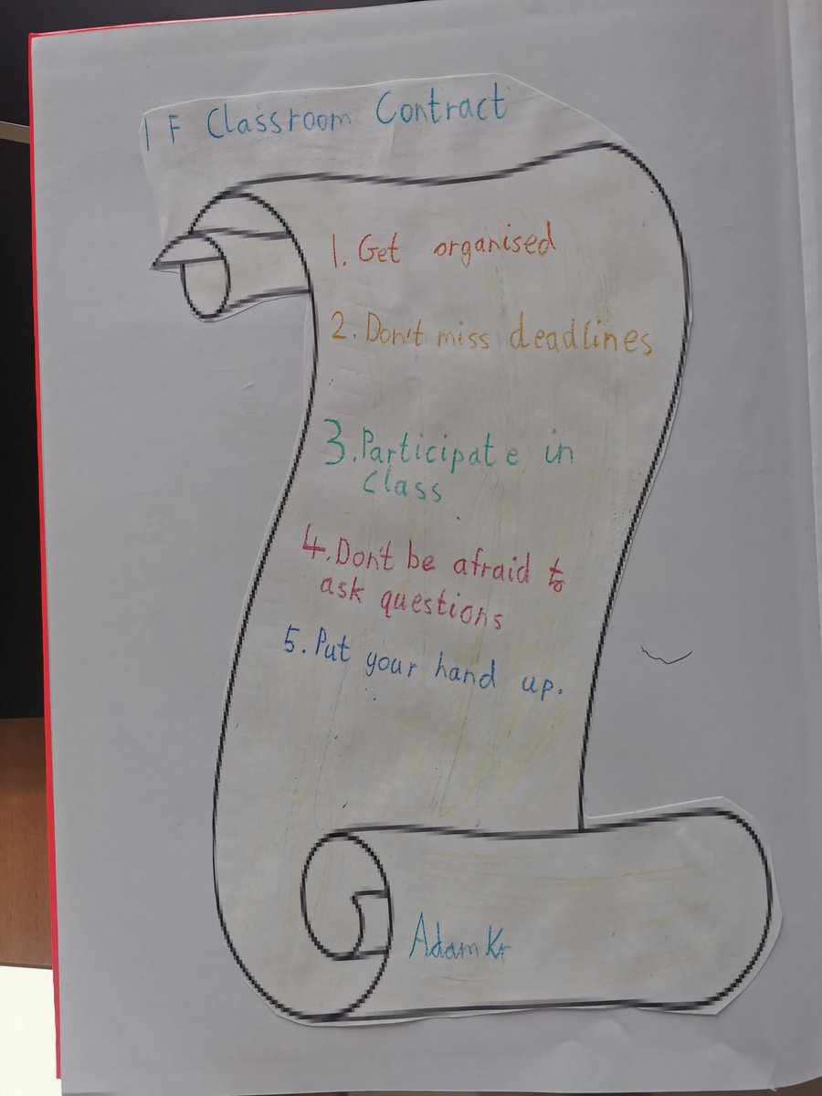 muinteoircasey's tweet photo. Some fabulously decorated classroom contracts created by 1F today in CSPE @ClaregalwayColl #CSPE #ClassroomContract https://t.co/tLEFxMHhbT