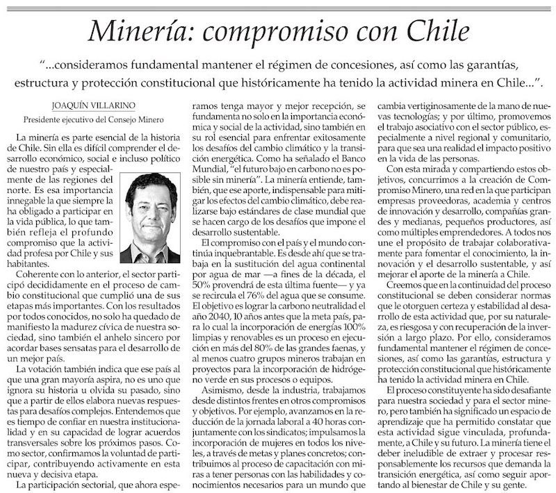 Comparto columna hoy en <a href="/ElMercurio_cl/">elmercurio_cl</a> sobre el compromiso inquebrantable que tiene la minería con un mejor desarrollo para nuestro país.