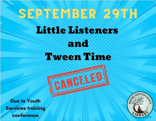 NNCL_Library's tweet image. September 29th - Little Listeners and Tween Time is canceled due to youth services conference in Springfield.