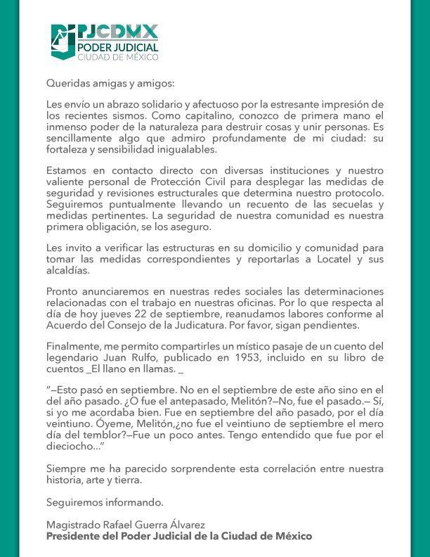PJCDMX's tweet photo. Mensaje del presidente del #PJCDMX , @MagRafaelGuerra . https://t.co/75mgnpgsrU