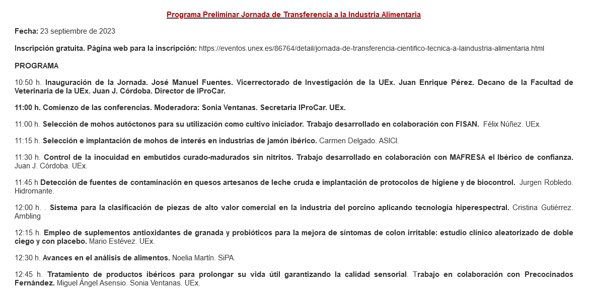 FundecytPCTEX's tweet photo. Jornada de Transferencia científico-técnica a la Industria Alimentaria.
Organizada por Instituto Universitario de Investigación de Carne y Productos Cárnicos #IProCar de @infouex.
Mañana, en #Cáceres: https://t.co/fk2u2AmbgH
#Agricultura, #Alimentación, #Ciencia e #Innovación https://t.co/WaSwY37vCa