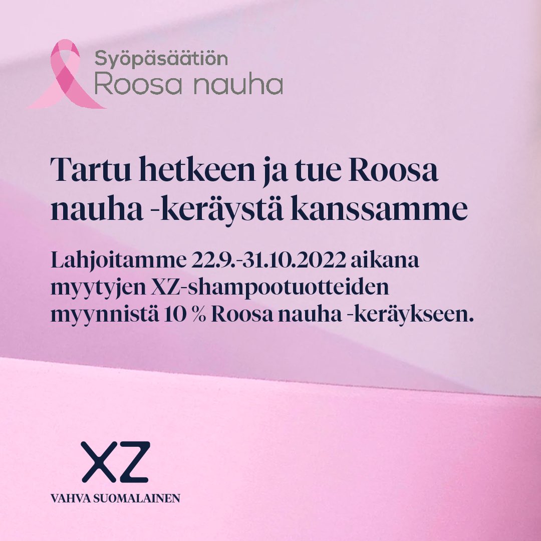 BernerOy's tweet photo. Tartu hetkeen ja tue Roosa nauha -keräystä kanssamme ❤️.

#XZ-brändimme on suurella sydämellä ❤️mukana #Roosanauha -keräyksessä. Lahjoitamme 22.9. - 31.10.2022 aikana myytyjen XZ-shampootuotteiden myynnistä 10 % Roosa nauha -keräykseen.
#huomisenpuolustaja
@Syopasaatio https://t.co/LycUliYmjy