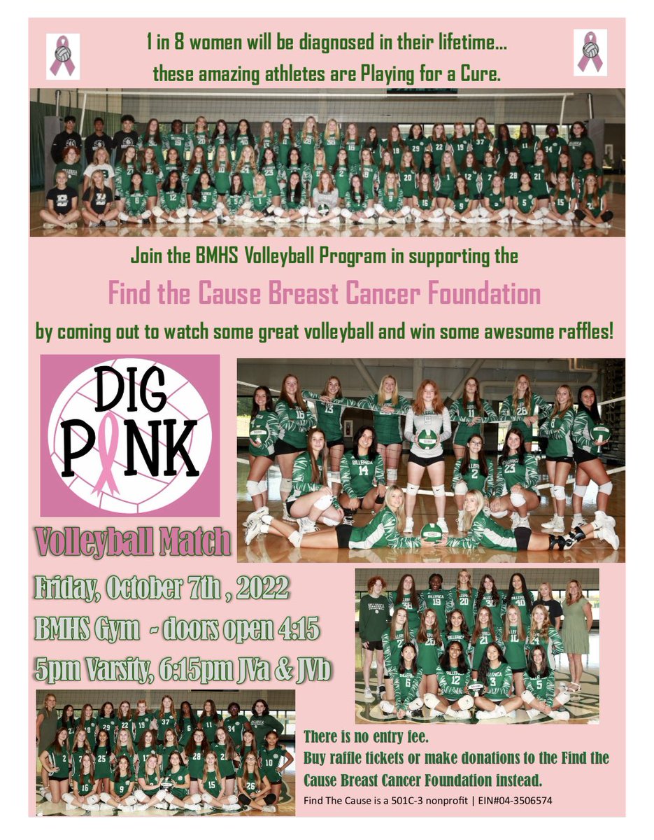 BMHSCoachA's tweet photo. @BMHS_Volleyball is hosting their breast cancer match October 7! 💓 This year all of our efforts will be donated to @findthecausebcf 

 @BMHS_Athletics @BMHS_SID  @BMHSIndians @LowellSun @BillericaPS @BMinuteman https://t.co/CiWzkGl3OH