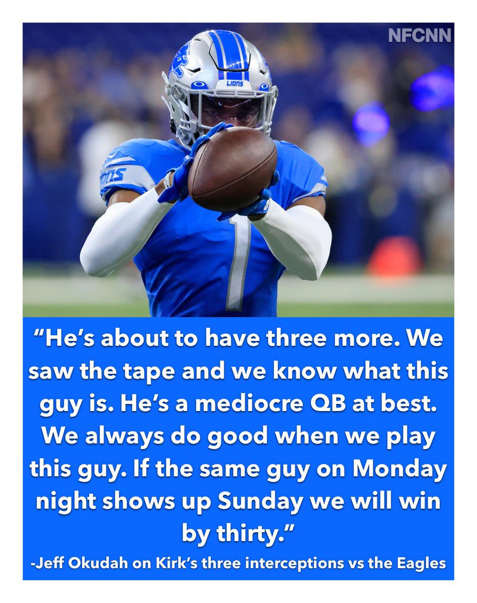 NFCNorthNewss's tweet photo. WOW🤯

#Lions CB Jeff Okudah has a message for #Vikings QB Kirk Cousins.😳

Who wins this Sunday, Lions or Vikings?🤔 https://t.co/4LhtfW5Bz2