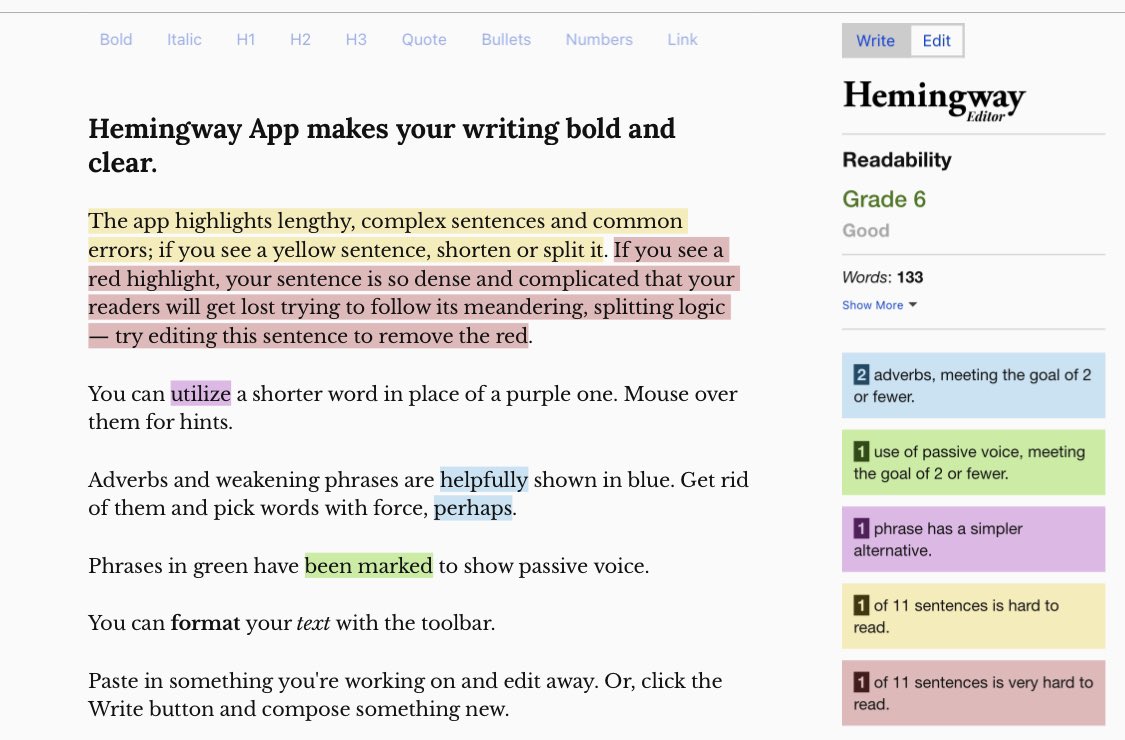 OACerebro's tweet photo. Hemingway App

La aplicación destaca las frases largas y complejas y los errores más comunes.

Es ideal para cualquier persona que escriba entradas de blog, comunicación empresarial, ficción, ensayos o artículos científicos.

♾️https://t.co/EymyG1ZLpq https://t.co/uYY46eiPql